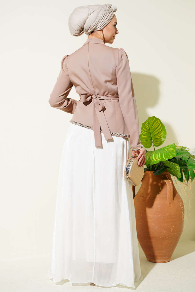 Stone-Embellished Evening Dress with Trim - Mink