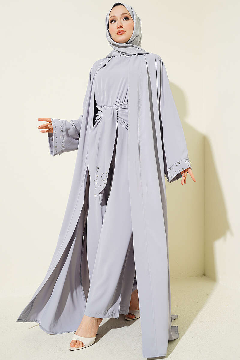 Two-Piece Abaya with Stone Embellishment - Grey