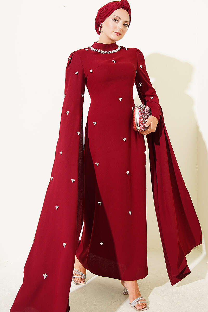 Embellished Evening Dress with Cape Sleeves - Burgundy