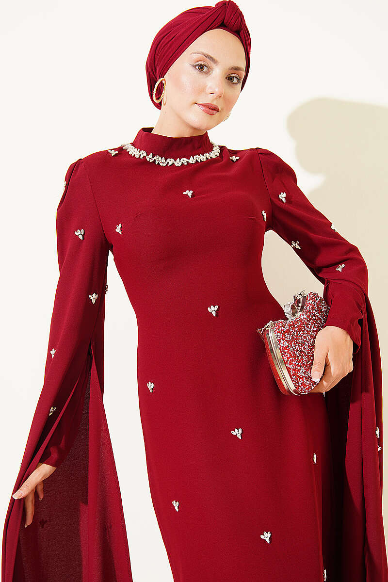 Embellished Evening Dress with Cape Sleeves - Burgundy