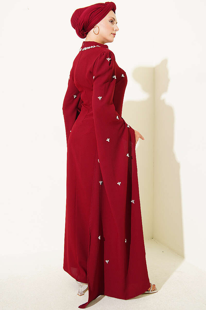 Embellished Evening Dress with Cape Sleeves - Burgundy