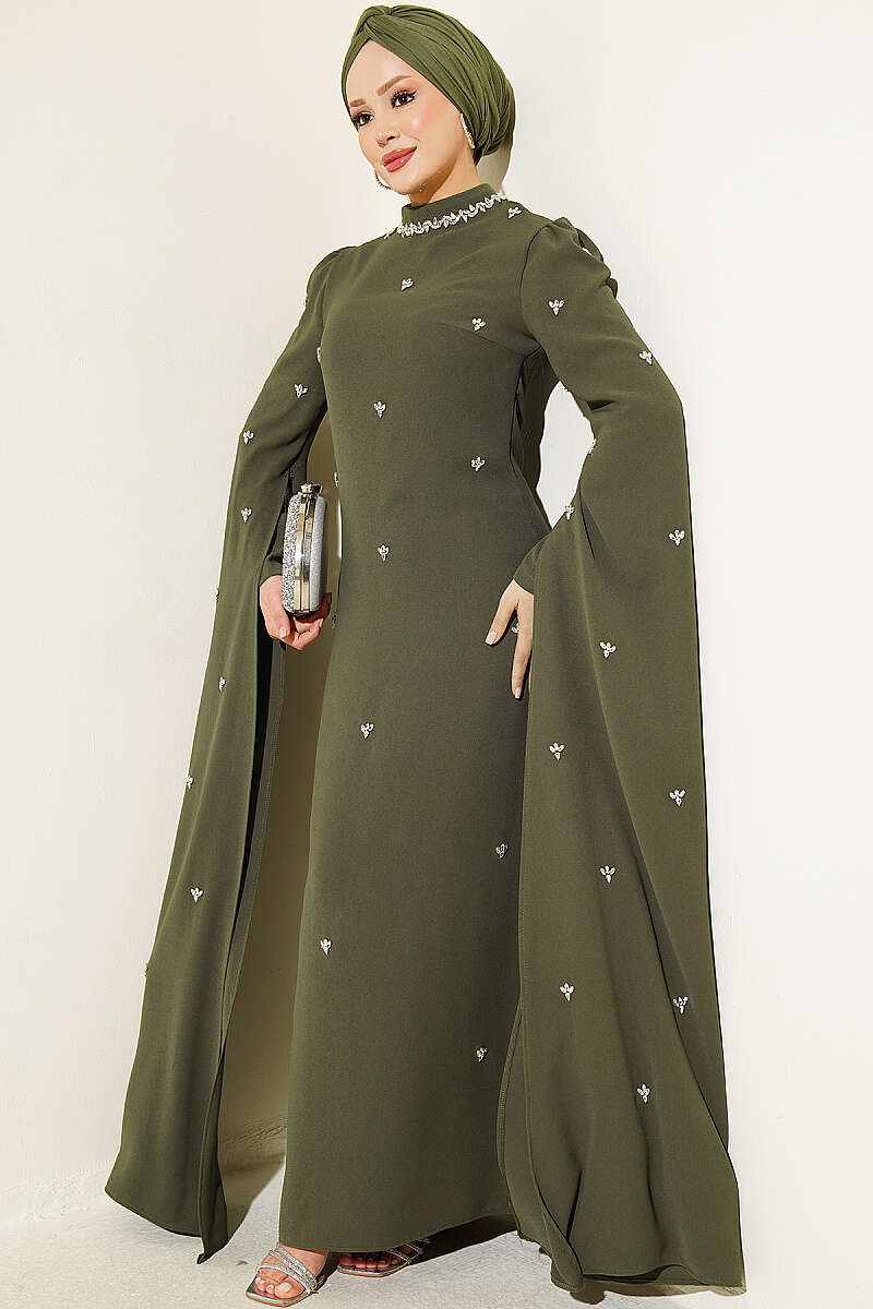 Embellished Evening Dress with Cape Sleeves - Khaki