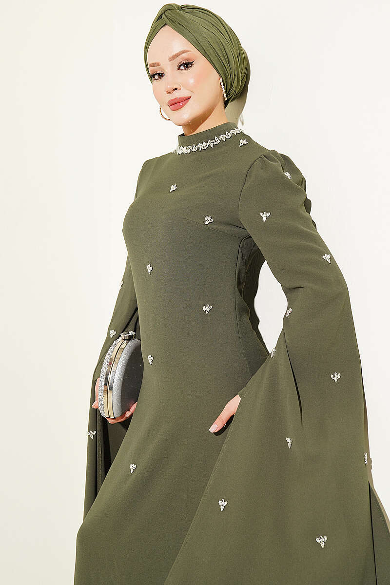 Embellished Evening Dress with Cape Sleeves - Khaki