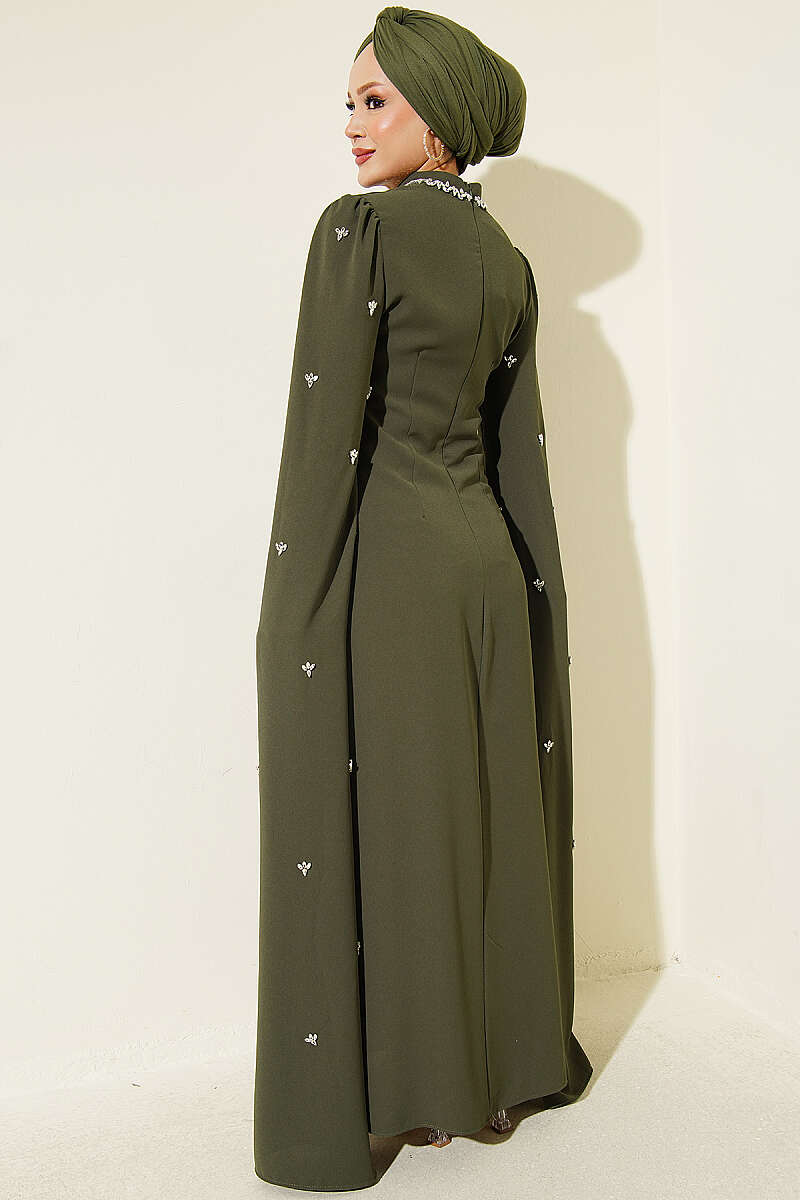 Embellished Evening Dress with Cape Sleeves - Khaki