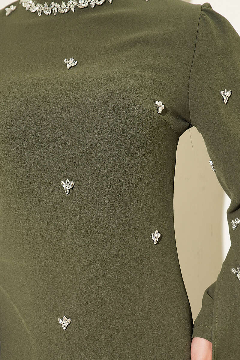 Embellished Evening Dress with Cape Sleeves - Khaki