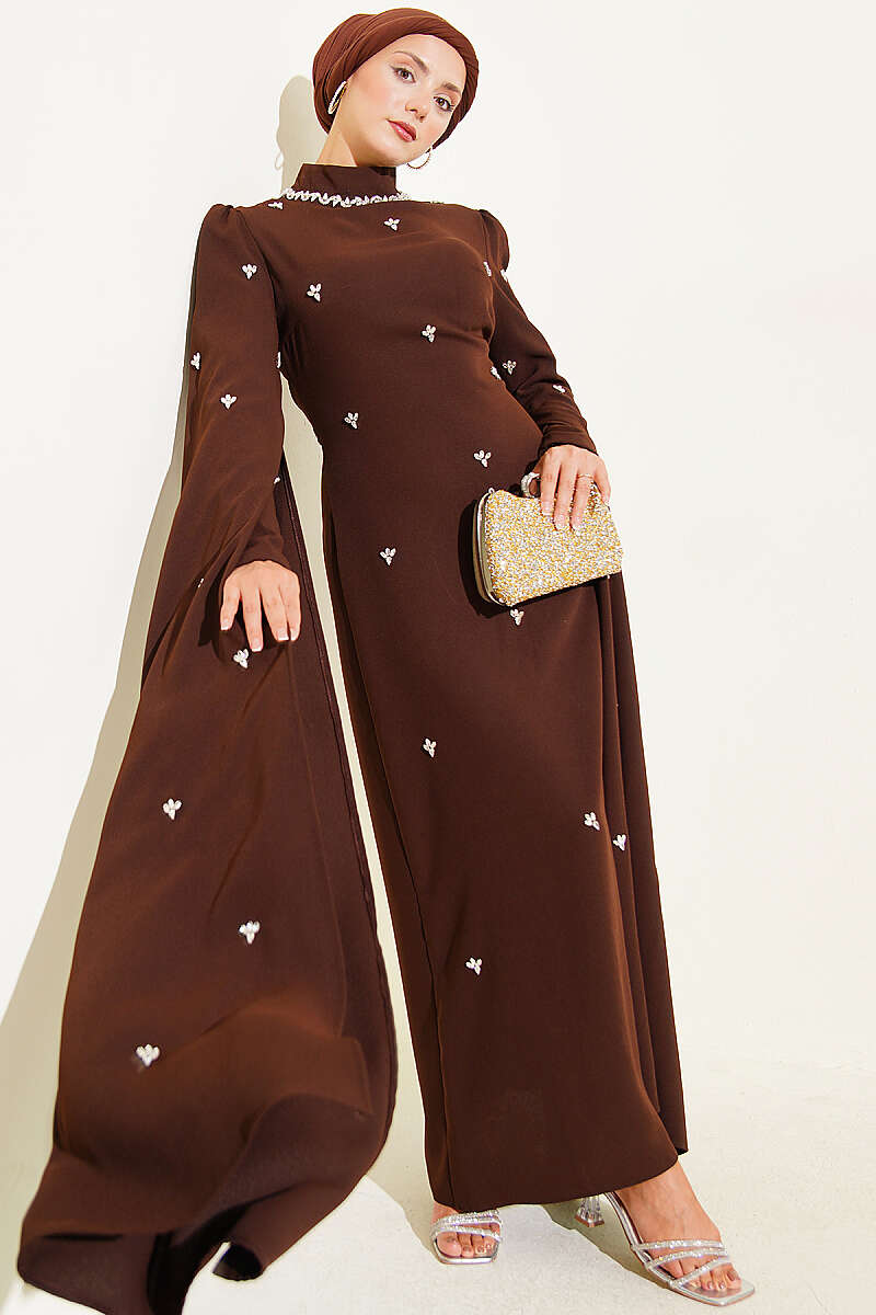 Embellished Evening Dress with Cape Sleeves - Brown
