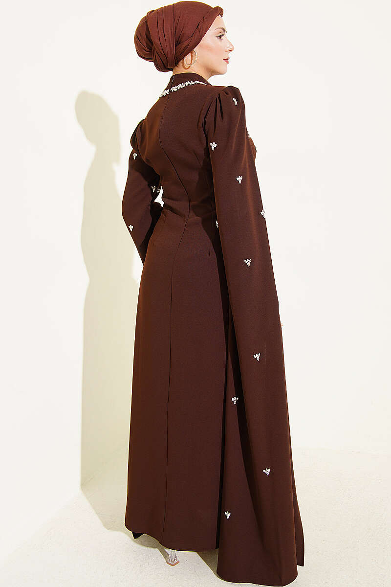 Embellished Evening Dress with Cape Sleeves - Brown