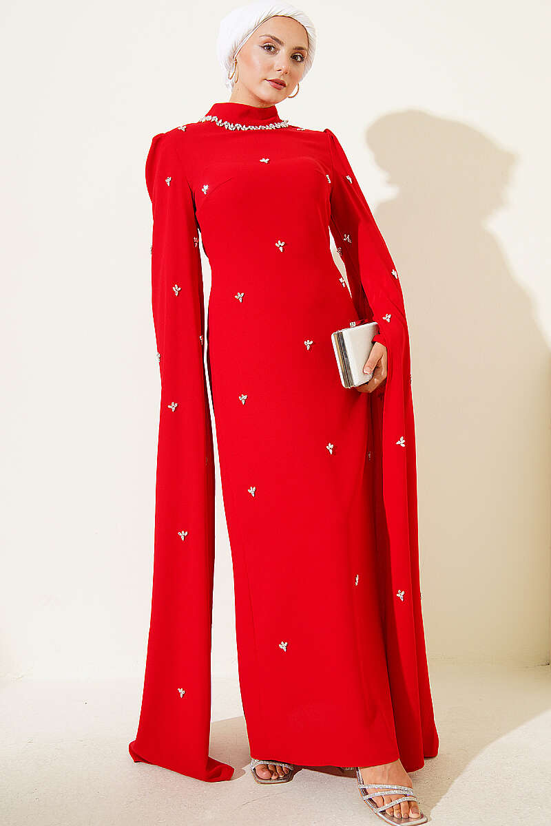 Embellished Evening Dress with Cape Sleeves - Red