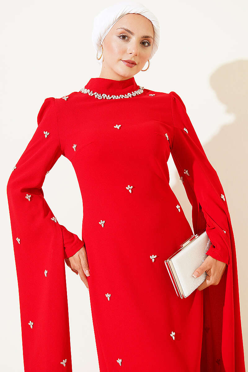 Embellished Evening Dress with Cape Sleeves - Red