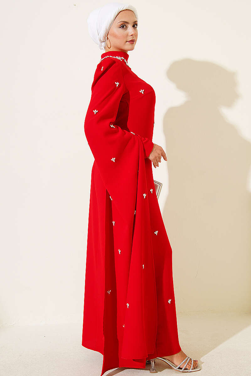 Embellished Evening Dress with Cape Sleeves - Red