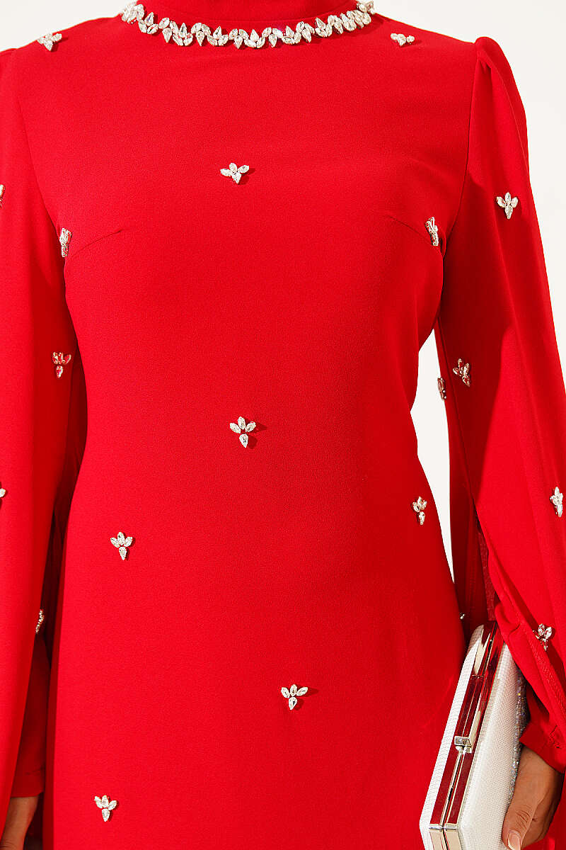 Embellished Evening Dress with Cape Sleeves - Red
