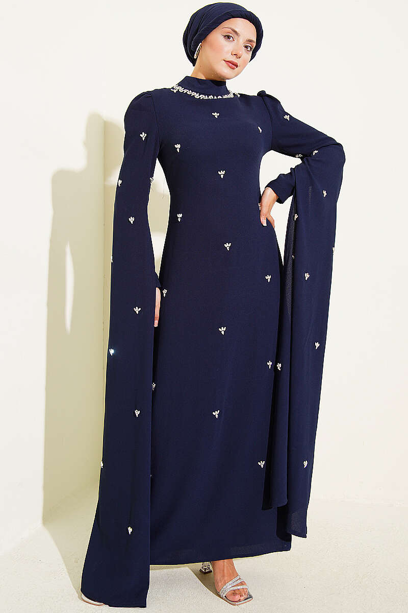 Embellished Evening Dress with Cape Sleeves - Navy