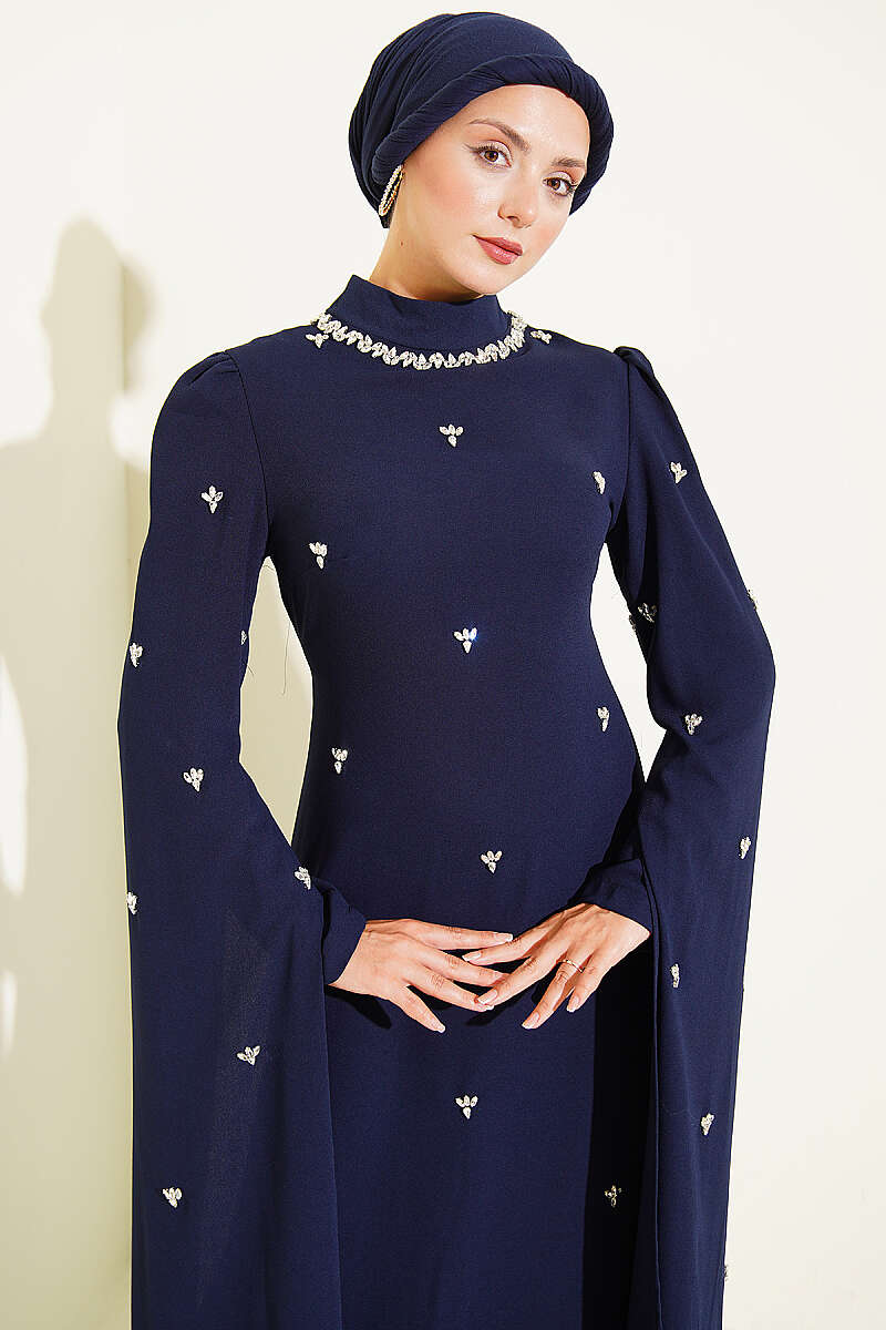 Embellished Evening Dress with Cape Sleeves - Navy