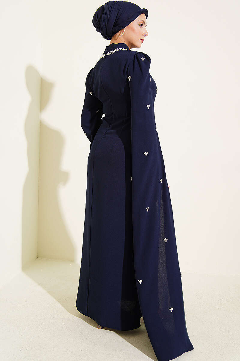 Embellished Evening Dress with Cape Sleeves - Navy