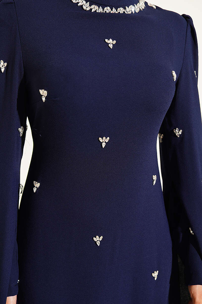 Embellished Evening Dress with Cape Sleeves - Navy