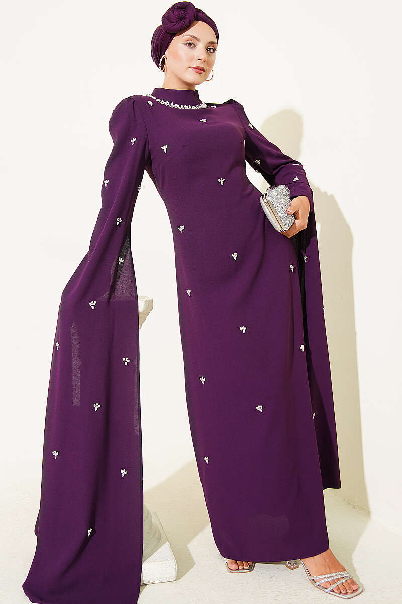 Embellished Evening Dress with Cape Sleeves - Purple