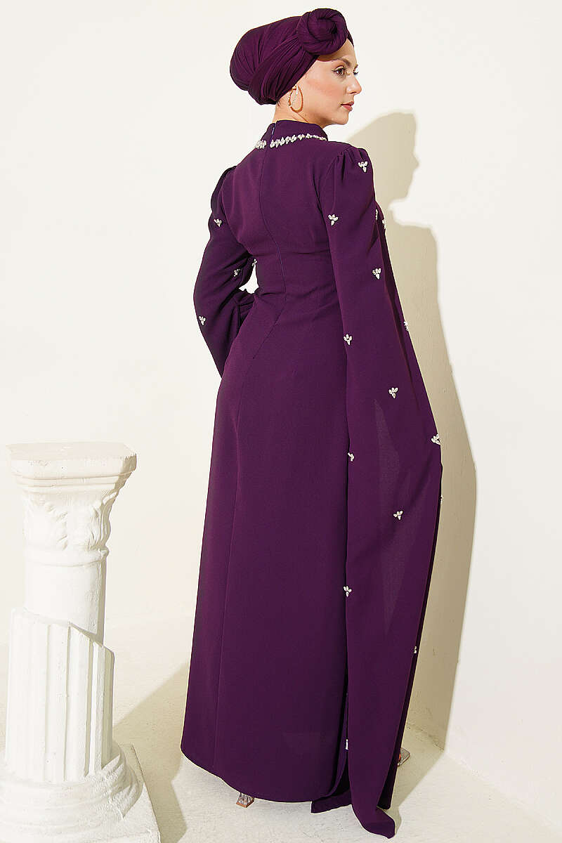 Embellished Evening Dress with Cape Sleeves - Purple