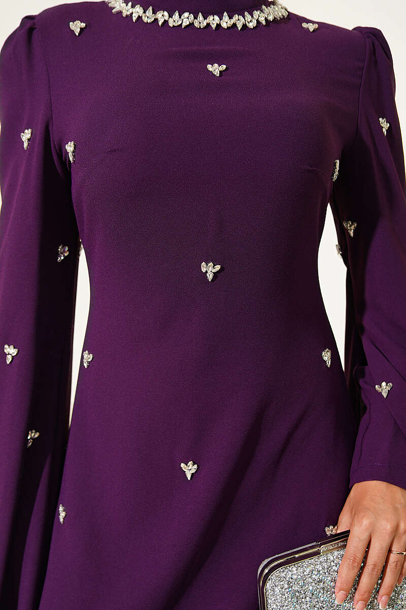 Embellished Evening Dress with Cape Sleeves - Purple