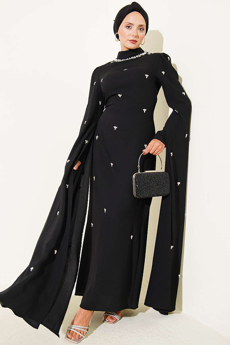 Embellished Evening Dress with Cape Sleeves - Black