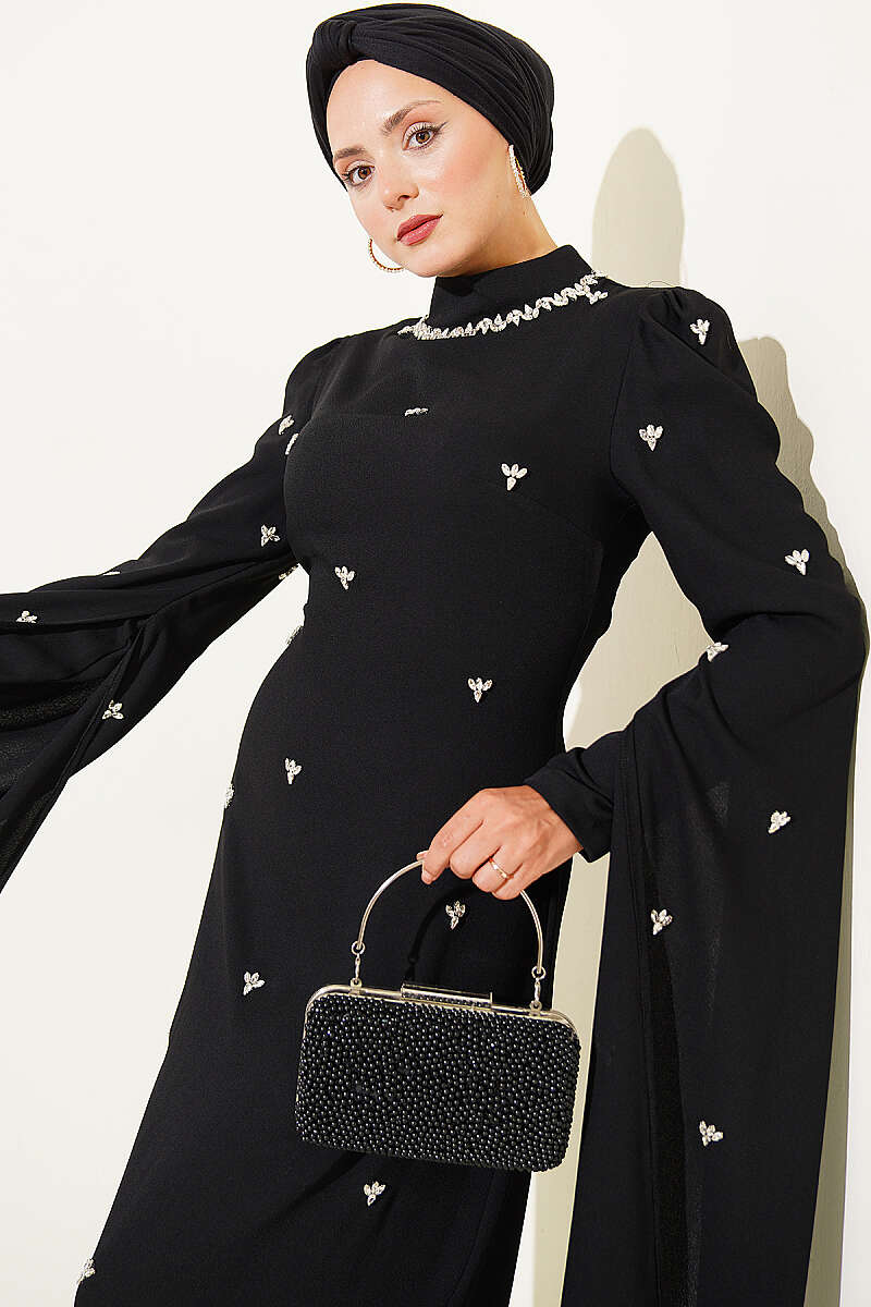 Embellished Evening Dress with Cape Sleeves - Black