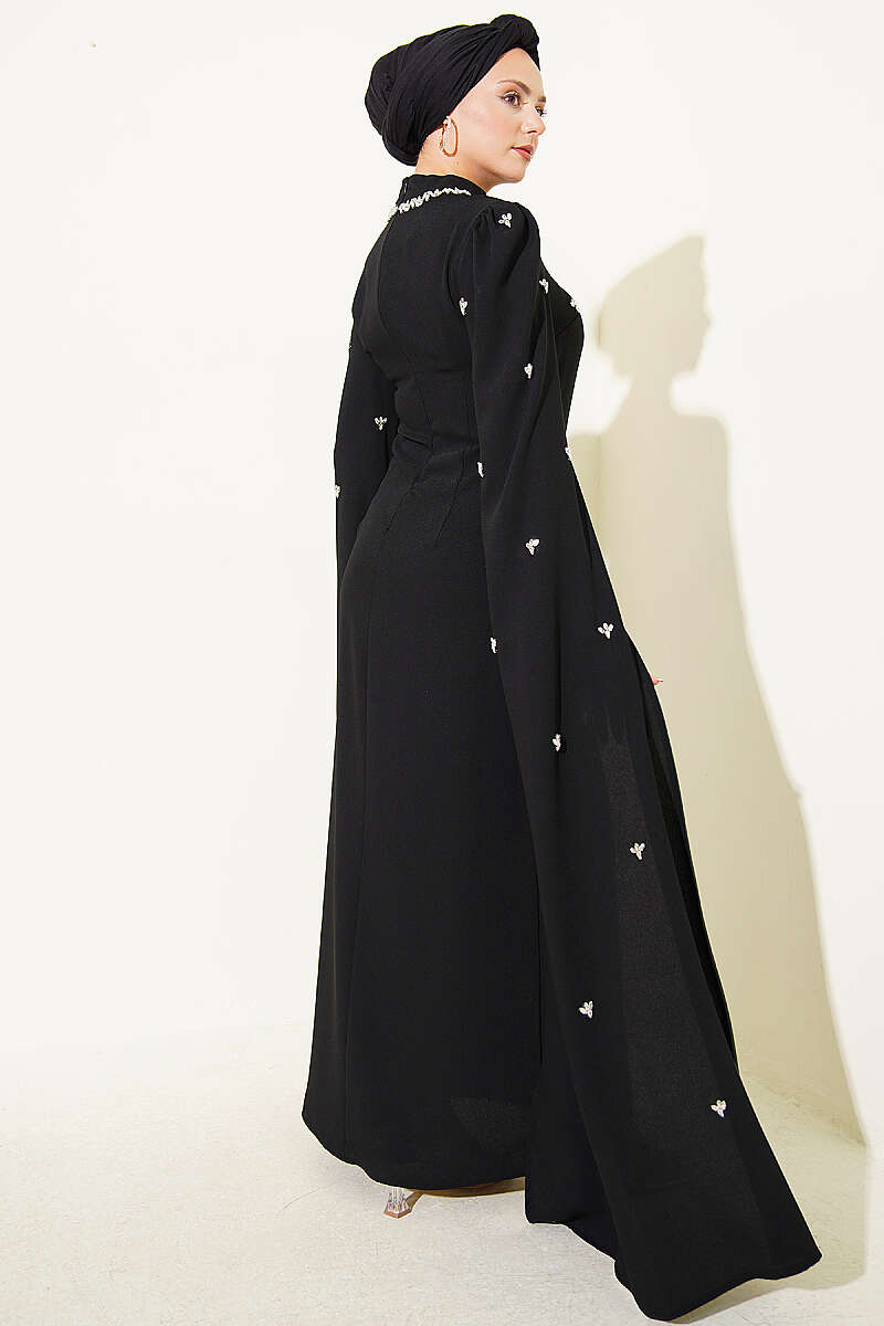 Embellished Evening Dress with Cape Sleeves - Black