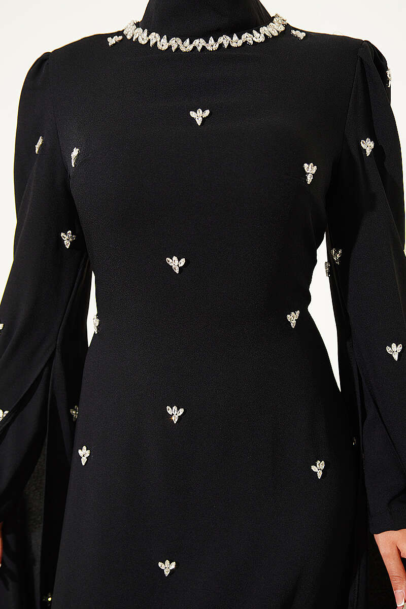 Embellished Evening Dress with Cape Sleeves - Black