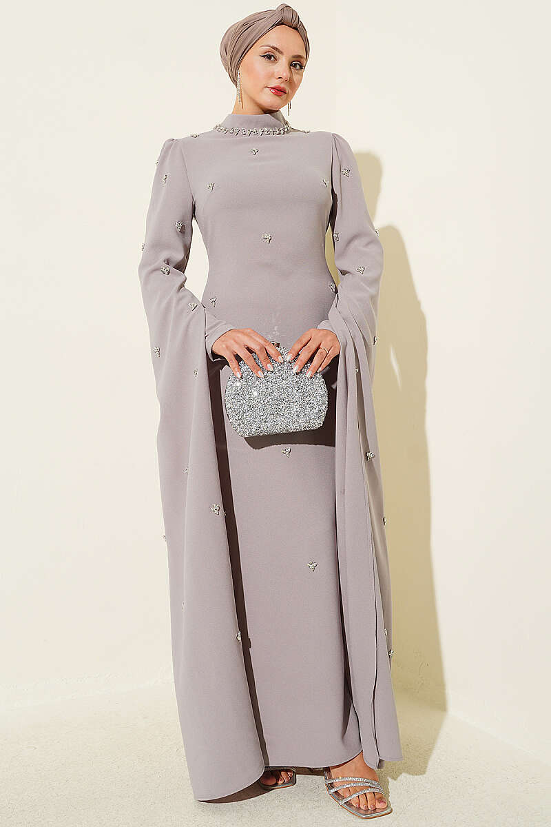 Embellished Evening Dress with Cape Sleeves - Mink