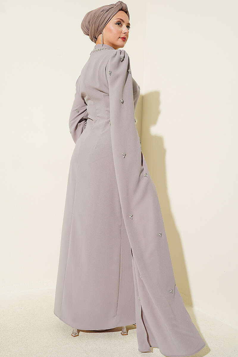 Embellished Evening Dress with Cape Sleeves - Mink