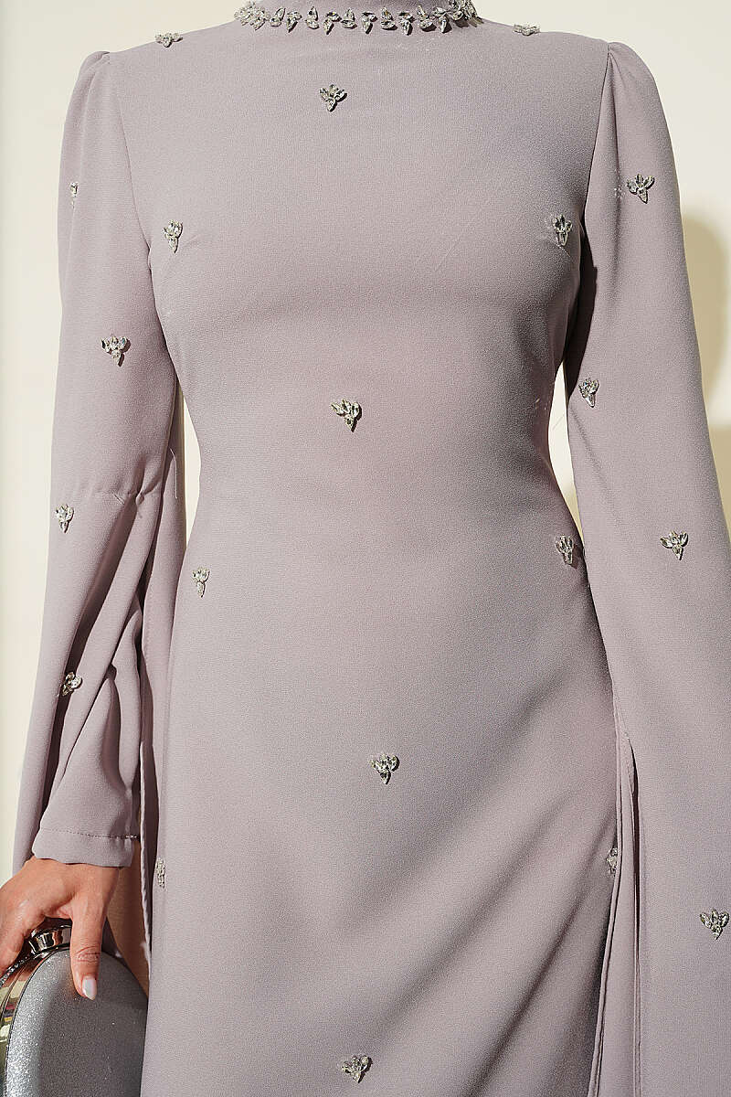 Embellished Evening Dress with Cape Sleeves - Mink