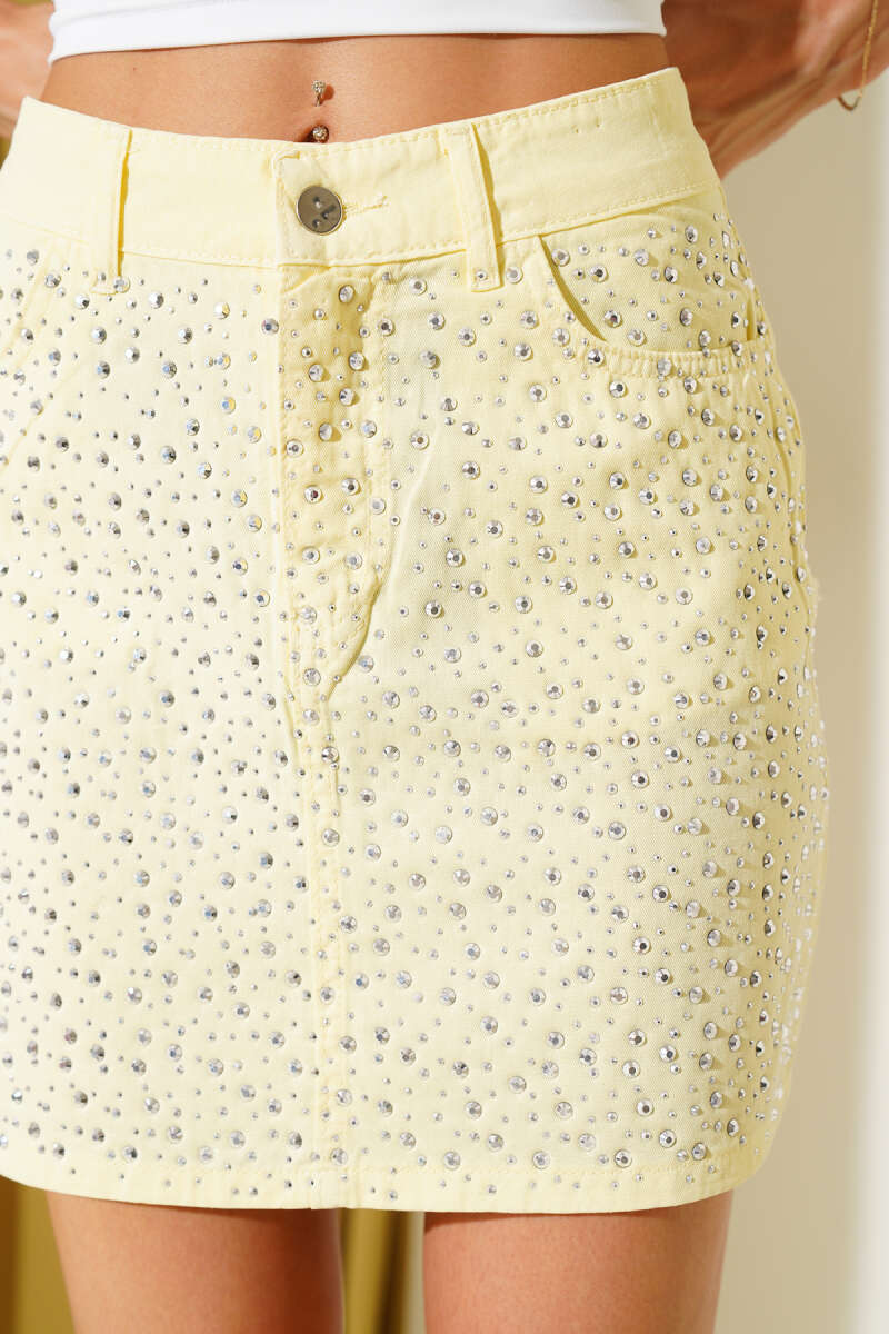 Stone-Embellished Denim Mini Skirt - Yellow
