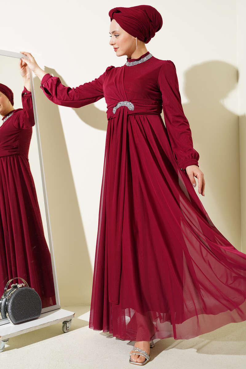 Stone-Embellished Evening Dress with Button Cuffs - Burgundy