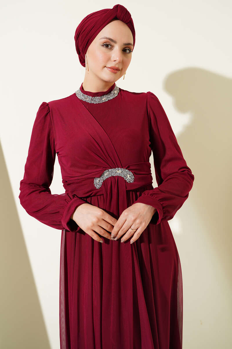 Stone-Embellished Evening Dress with Button Cuffs - Burgundy