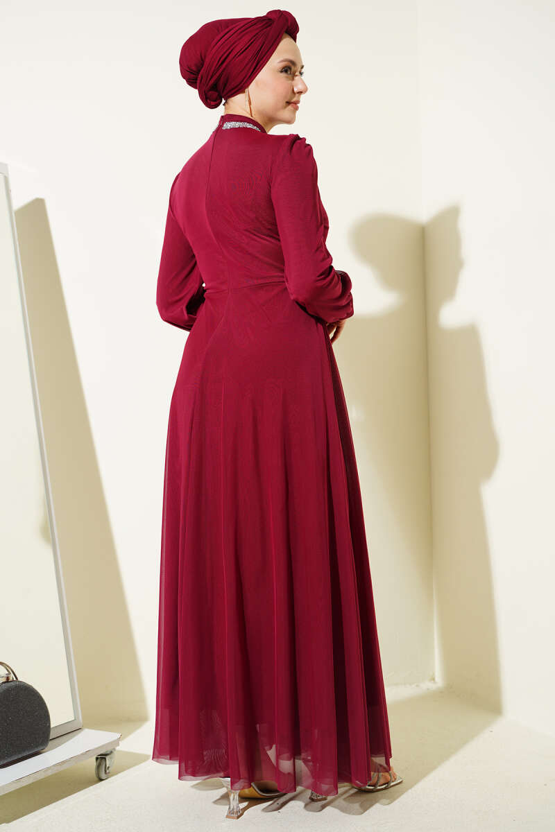 Stone-Embellished Evening Dress with Button Cuffs - Burgundy