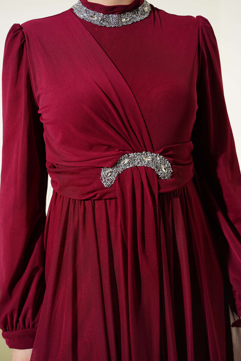 Stone-Embellished Evening Dress with Button Cuffs - Burgundy