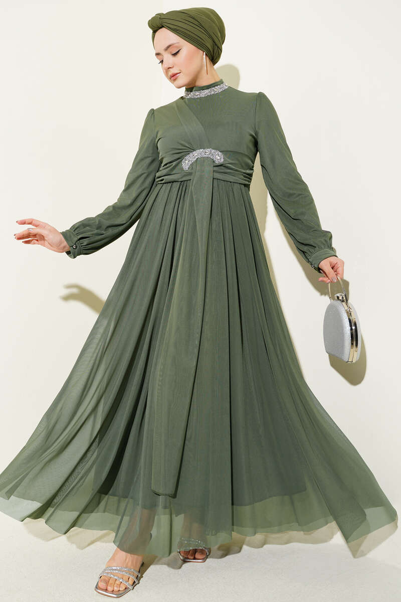 Stone-Embellished Evening Dress with Button Cuffs - Khaki