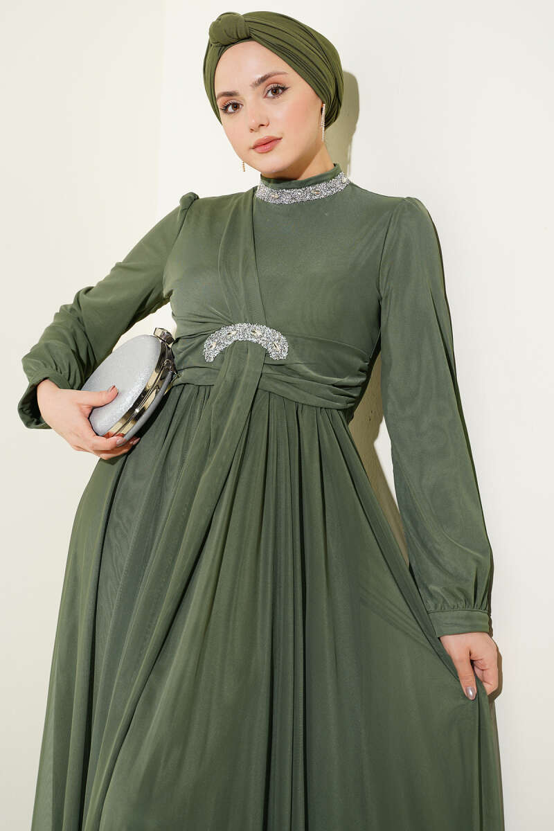 Stone-Embellished Evening Dress with Button Cuffs - Khaki