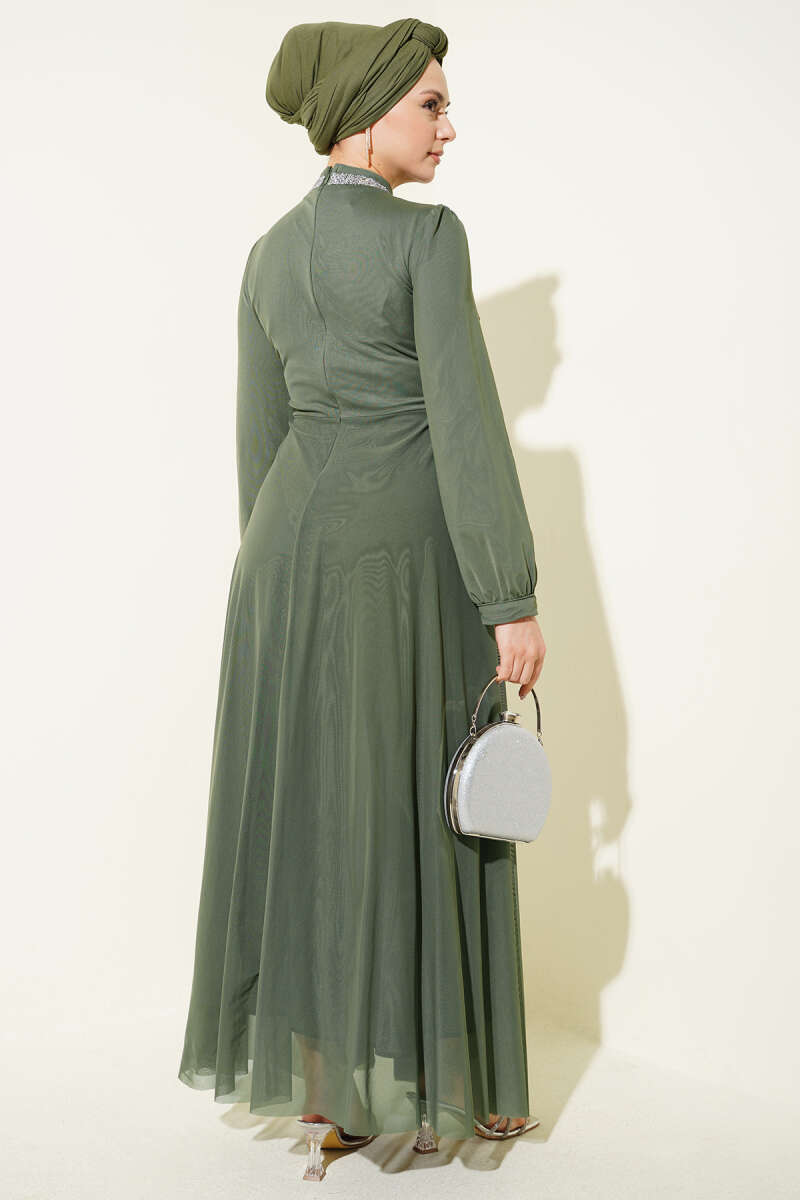 Stone-Embellished Evening Dress with Button Cuffs - Khaki
