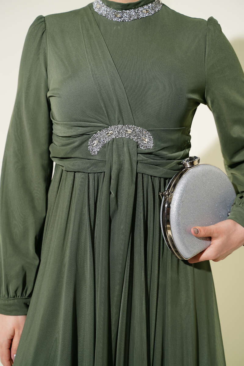 Stone-Embellished Evening Dress with Button Cuffs - Khaki