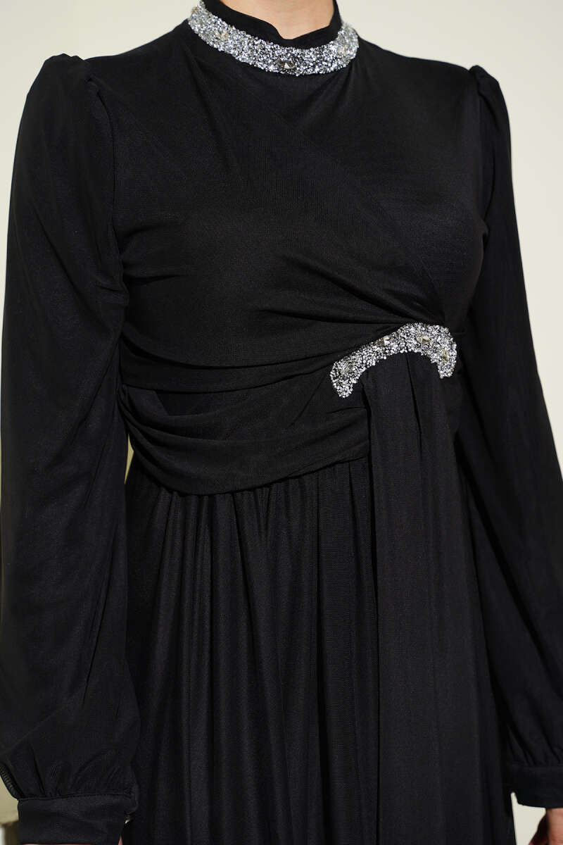 Stone-Embellished Evening Dress with Button Cuffs - Black