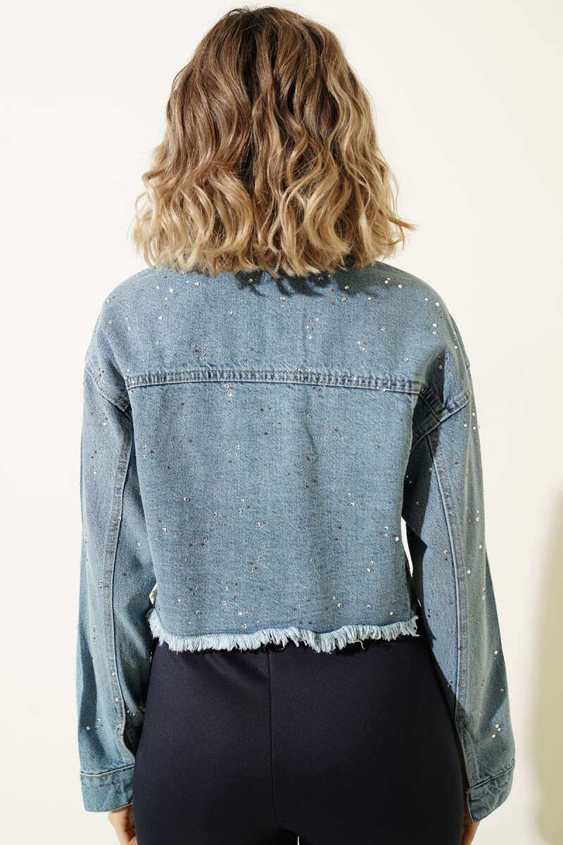 Cropped Denim Jacket with Stones and Tassels - Classic Denim