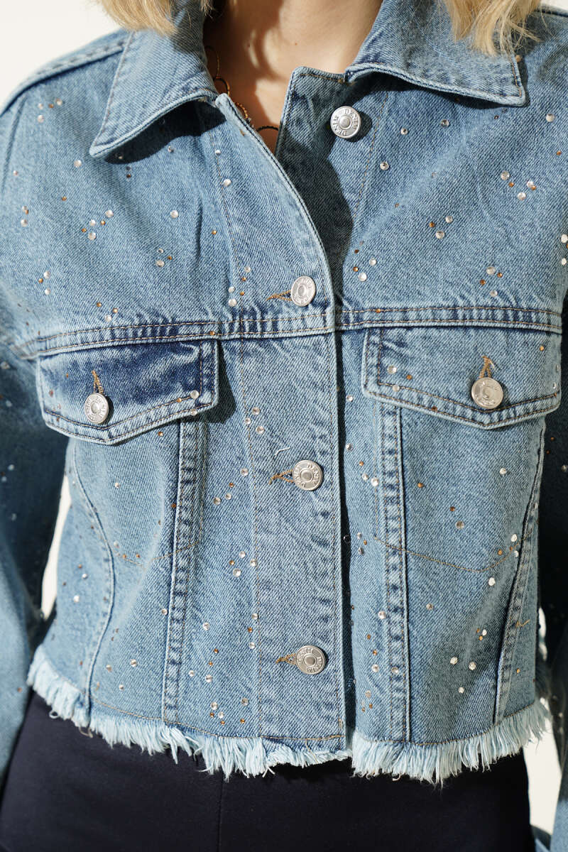 Cropped Denim Jacket with Stones and Tassels - Classic Denim