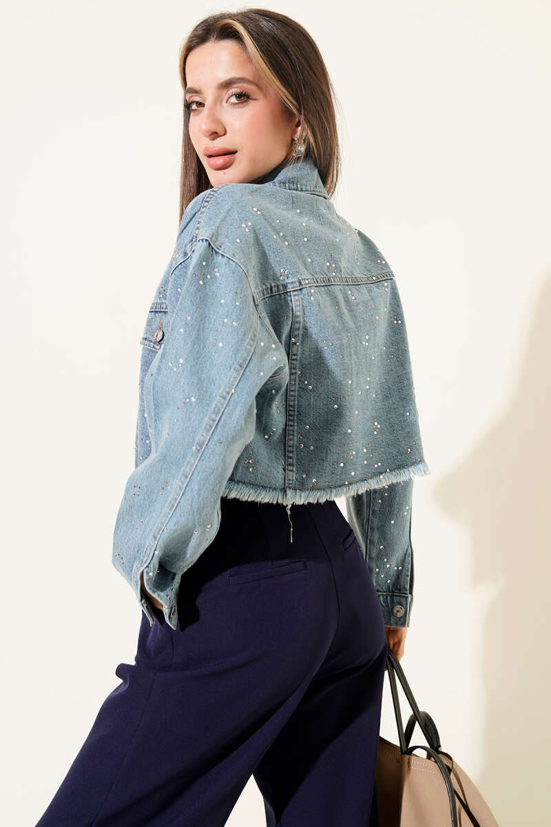 Cropped Denim Jacket with Stones and Tassels - Blue
