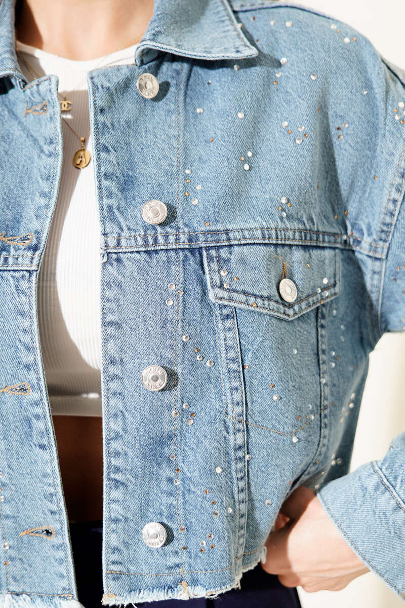 Cropped Denim Jacket with Stones and Tassels - Blue