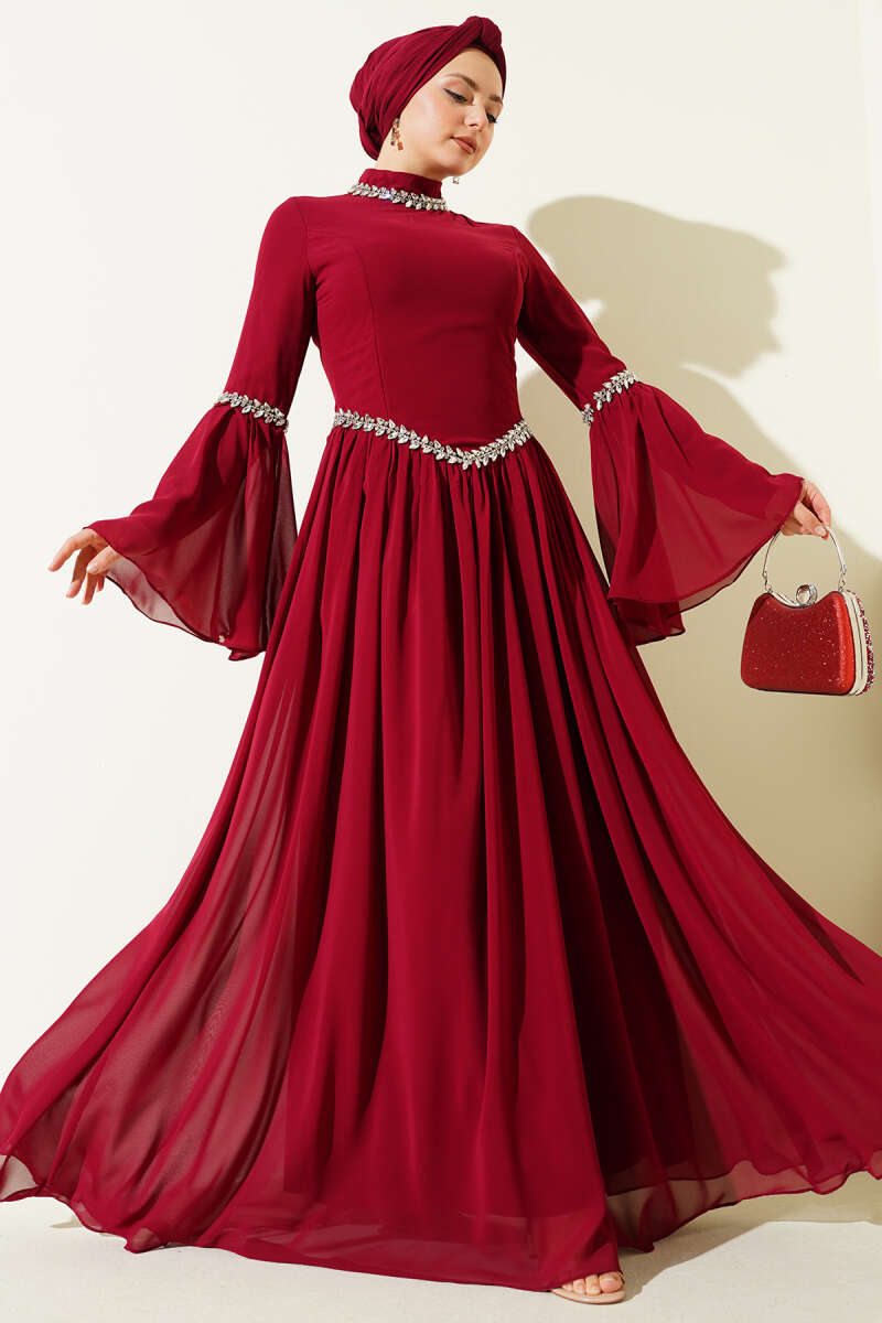 Stone-Embellished Chiffon Evening Dress - Burgundy