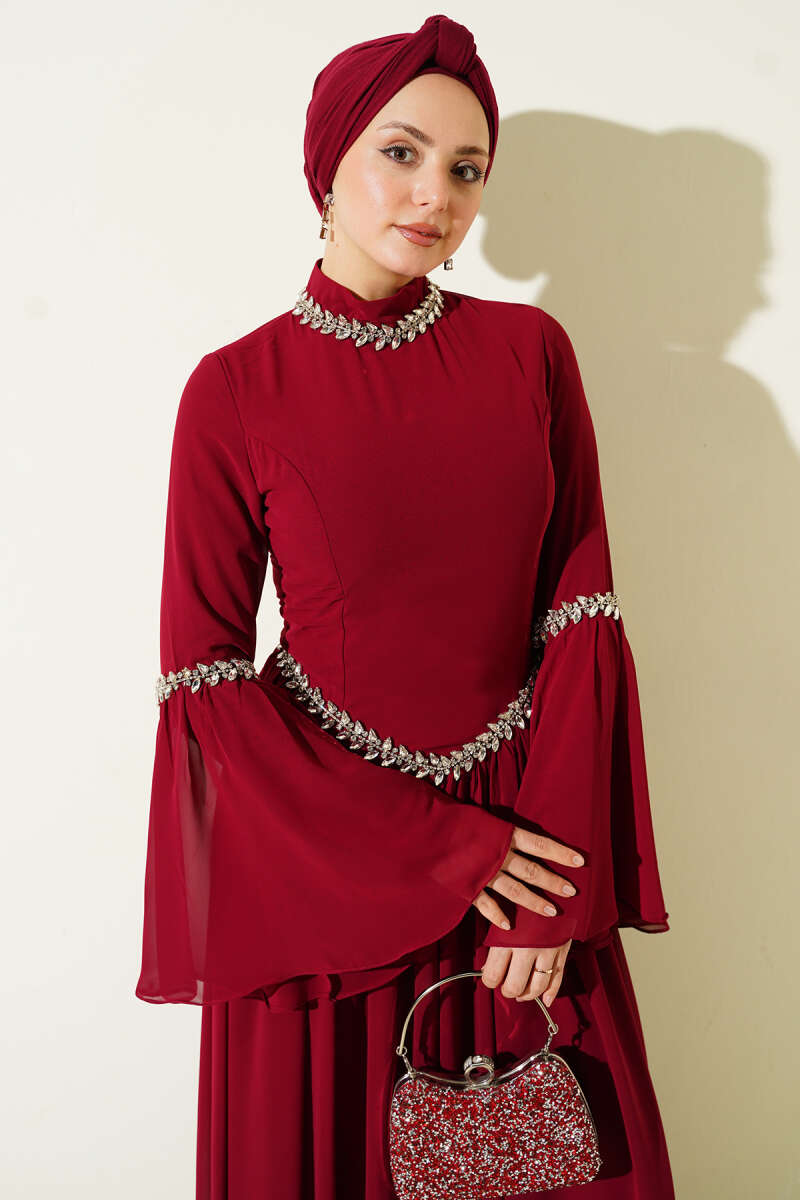 Stone-Embellished Chiffon Evening Dress - Burgundy
