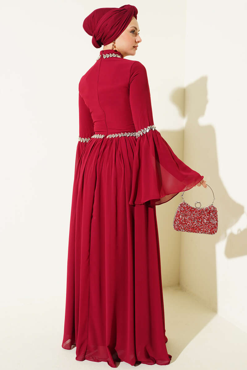 Stone-Embellished Chiffon Evening Dress - Burgundy