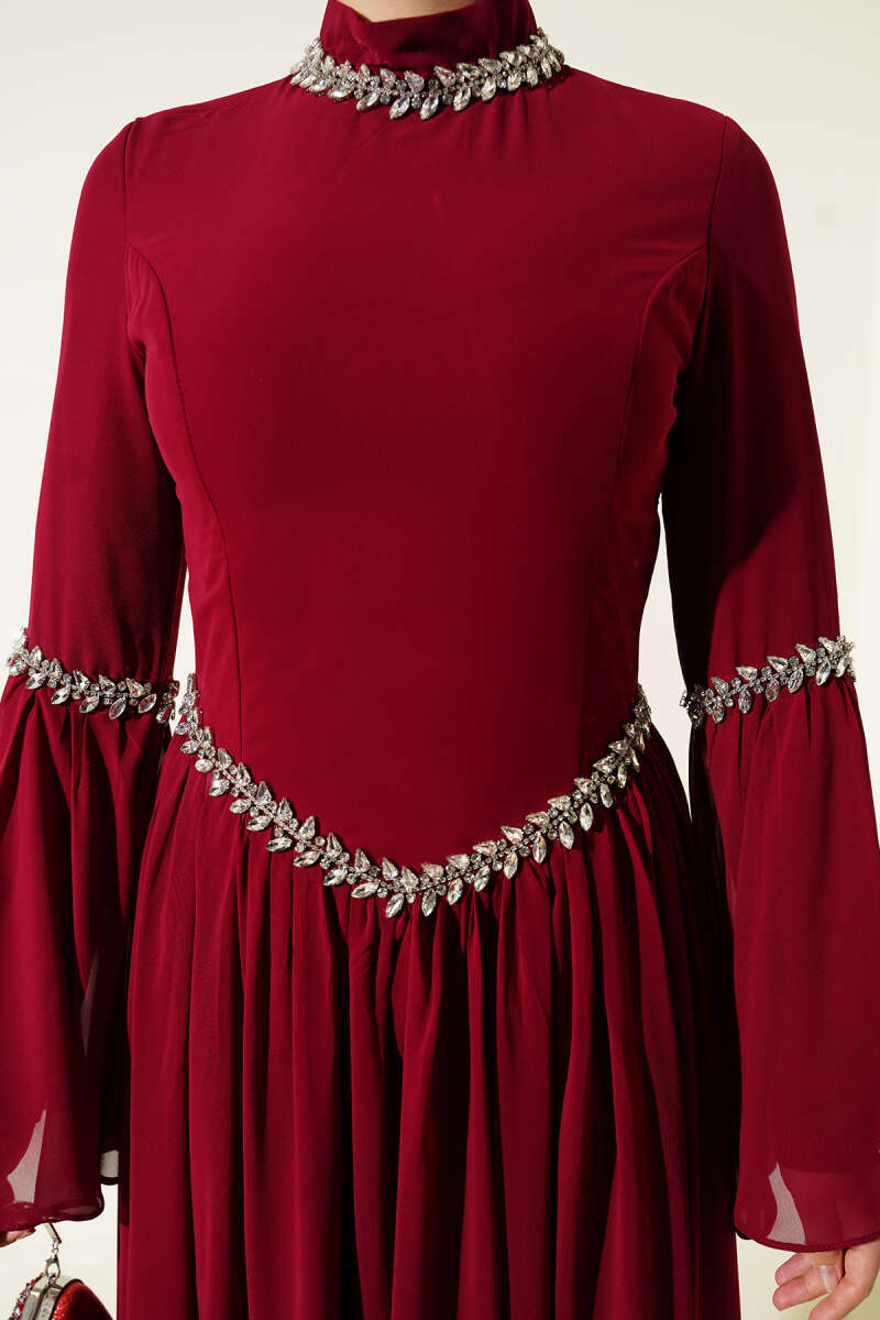 Stone-Embellished Chiffon Evening Dress - Burgundy