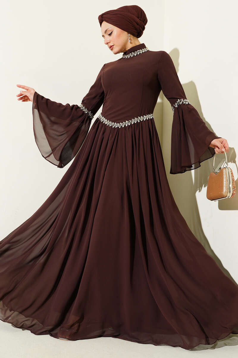 Stone-Embellished Chiffon Evening Dress - Brown