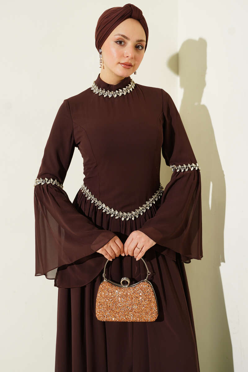 Stone-Embellished Chiffon Evening Dress - Brown