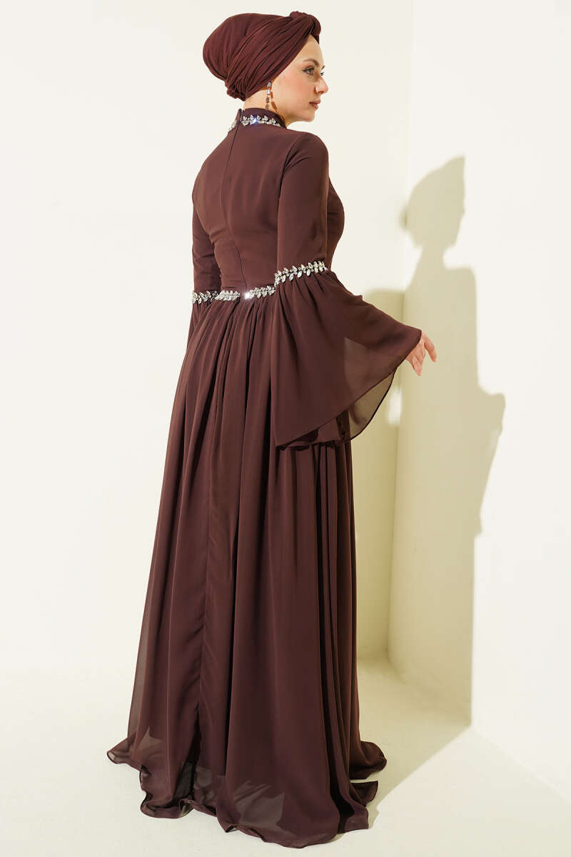 Stone-Embellished Chiffon Evening Dress - Brown